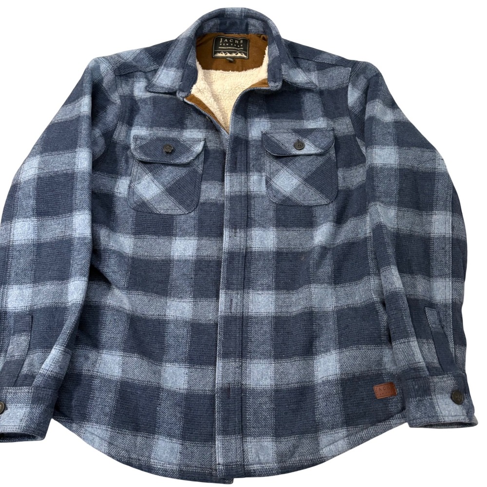 Jachs New York Mens Blue Plaid Sherpa Lined Flannel Shirt Jacket Wool Blend L
